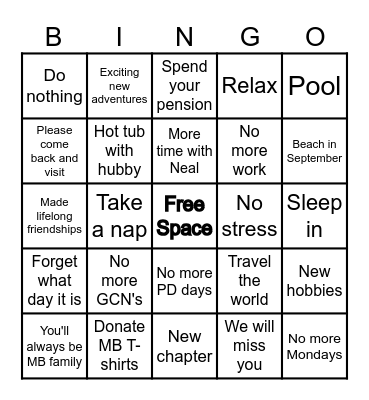 Patti's Retirement Bingo Card