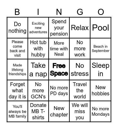 Patti's Retirement Bingo Card