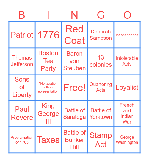 Revolutionary War Bingo Card