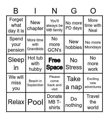 Patti's Retirement Bingo Card