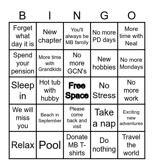 Patti's Retirement Bingo Card