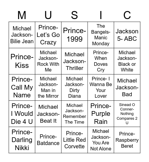Radio Bingo MJ vs Prince Bingo Card
