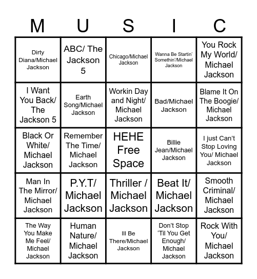 MJ Bingo Card