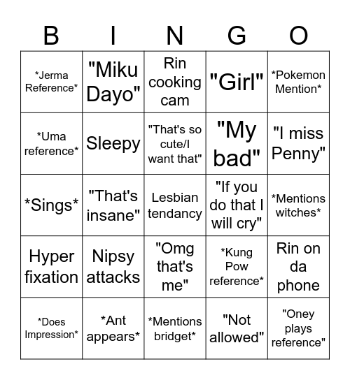Rin Bingo Card
