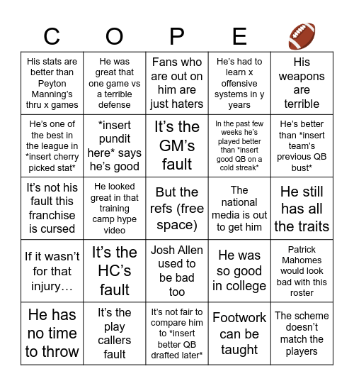 QB Excuse Bingo Card