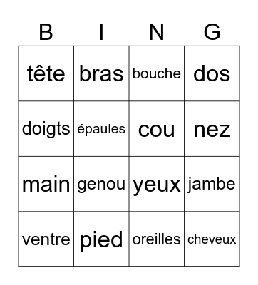 Body Parts Bingo Card