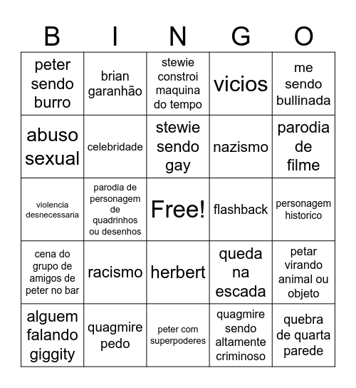 family guys Bingo Card