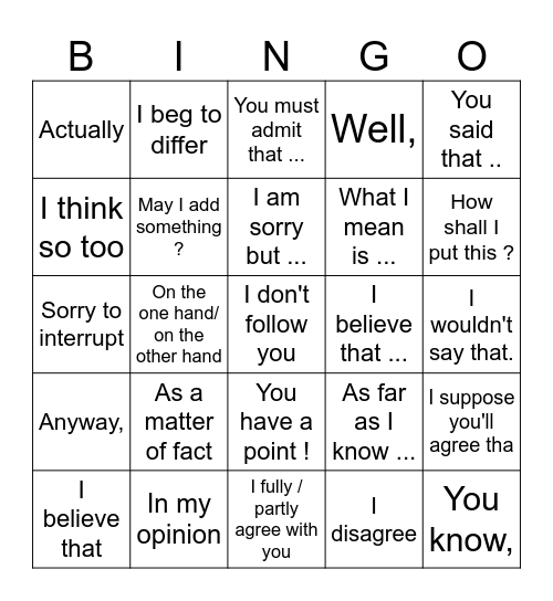 Useful expressions for debate Bingo Card