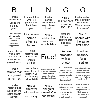 Family Search Bingo Card