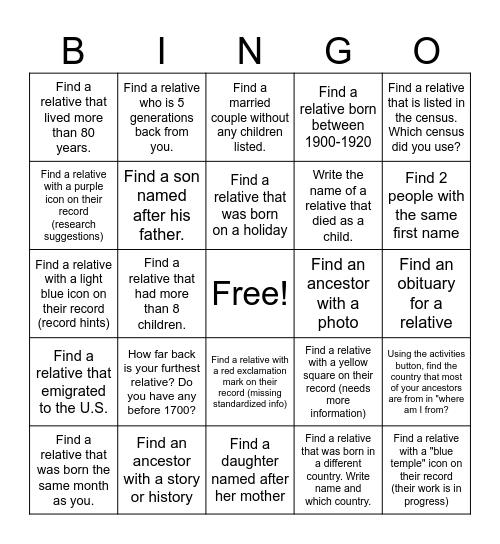 Family Search Bingo Card