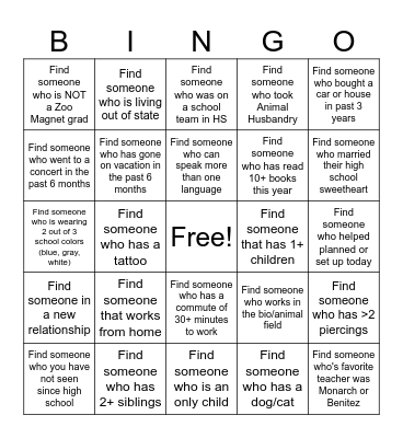 Zoo Reunion Bingo Card
