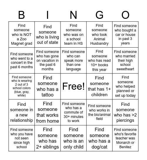 Zoo Reunion Bingo Card