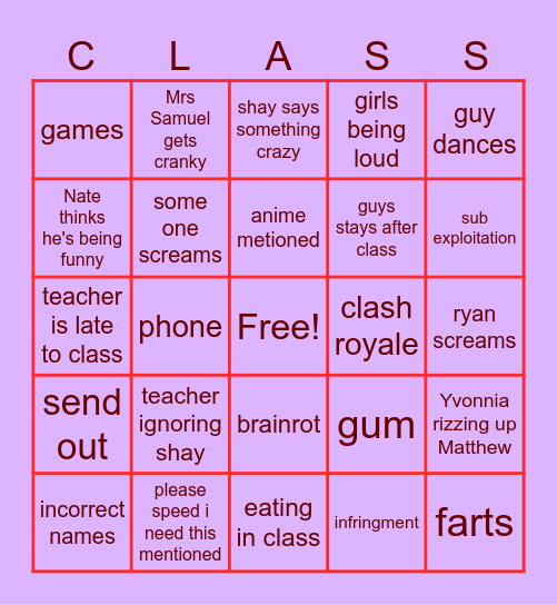Class Bingo!!!!! Bingo Card