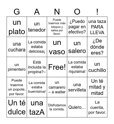 Spanish 2 Restaurant Bingo Card