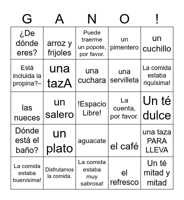 Spanish 2 Restaurant Bingo Card