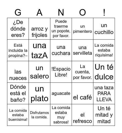 Spanish 2 Restaurant Bingo Card