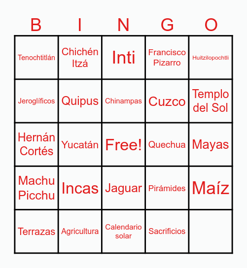 CIVILIZACIONES PRECOLOMBINAS Bingo Card