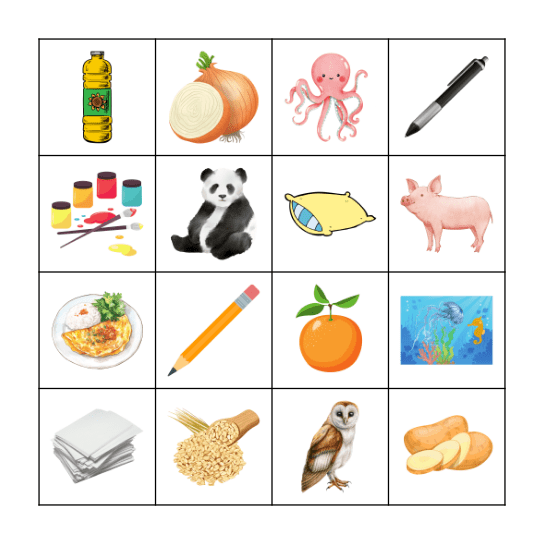 Letters O and P Bingo Card