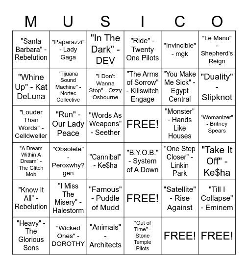Ben's Favorite Songs Bingo Card