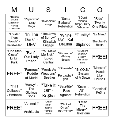 Ben's Favorite Songs Bingo Card