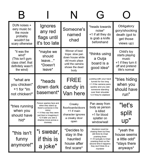 Horror Movie Cliches Bingo Card