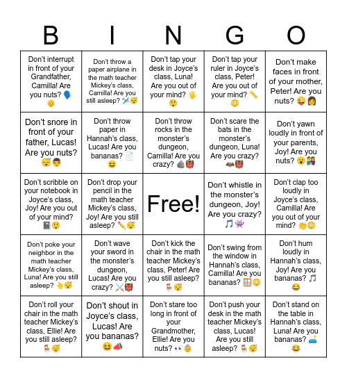 Don’t stomp on the floor in Hannah’s class, Ellie! Are you bananas? 👣😂 Bingo Card