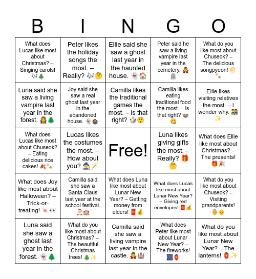What do you like most about Christmas? – Baking cookies! 🍪🎄 Bingo Card