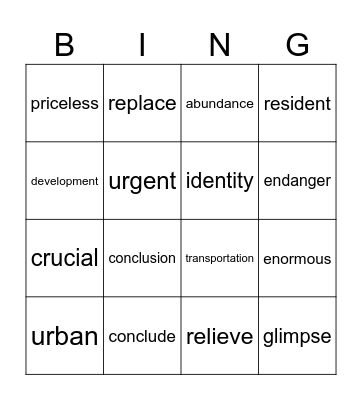 Unit 1 Vocabulary Bingo Card