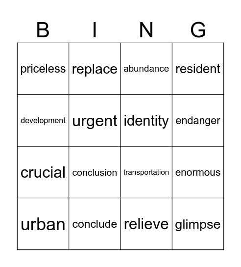 Unit 1 Vocabulary Bingo Card