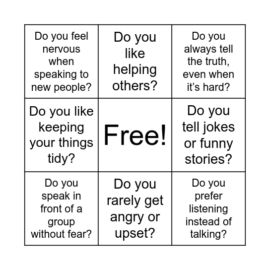 Personality Bingo Card
