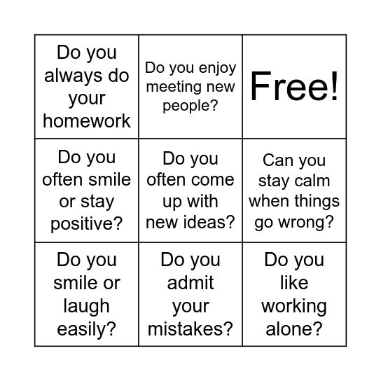 Personality Bingo Card