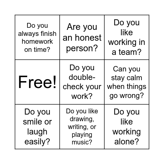 Personality Bingo Card