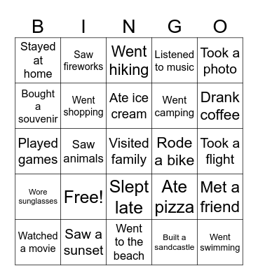 What did I do on holiday Bingo Card