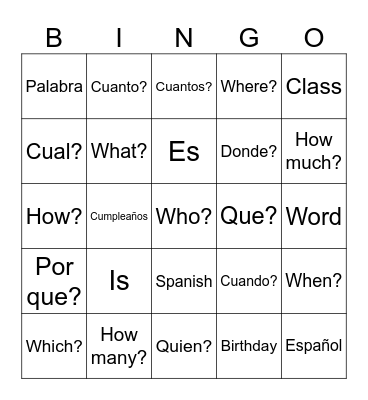 QUESTION WORDS Bingo Card