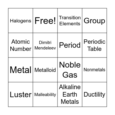 Periodic Table Bingo Card