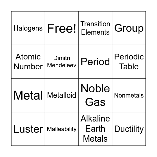 Periodic Table Bingo Card