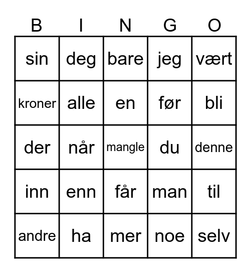 Bingo med ord Bingo Card