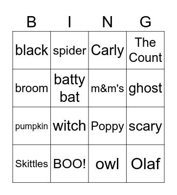 Halloween Words Bingo Card