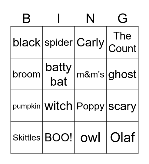 Halloween Words Bingo Card