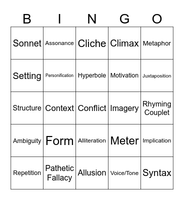 Poetic Devices Bingo Card