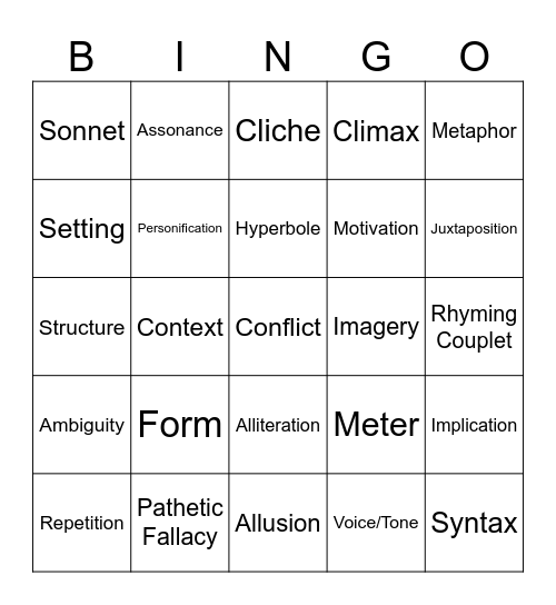 Poetic Devices Bingo Card