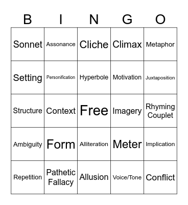Poetic Devices Bingo Card