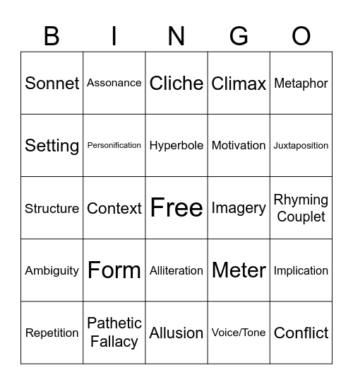 Poetic Devices Bingo Card