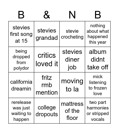 Buckingham Nicks Bingo Card