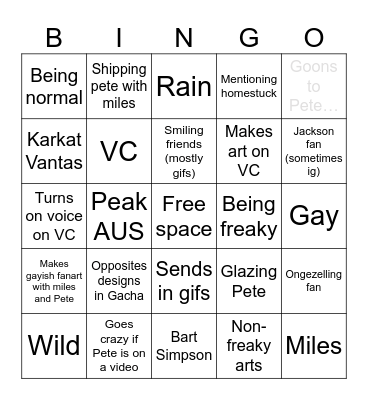 THE #1 PETE FAN KINNIE BINGO Card