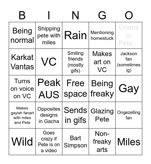 THE #1 PETE FAN KINNIE BINGO Card