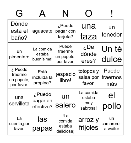 Spanish 2 Bingo Card