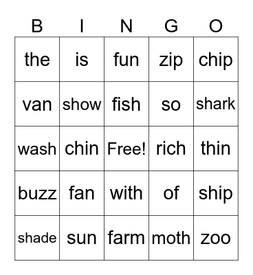 fricative Bingo Card
