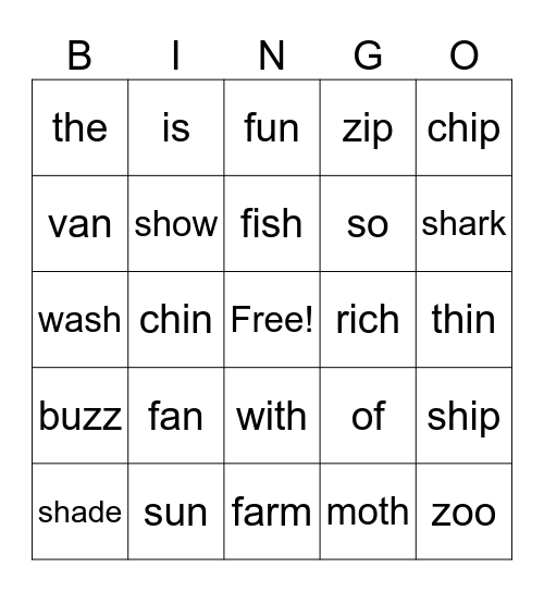 fricative Bingo Card