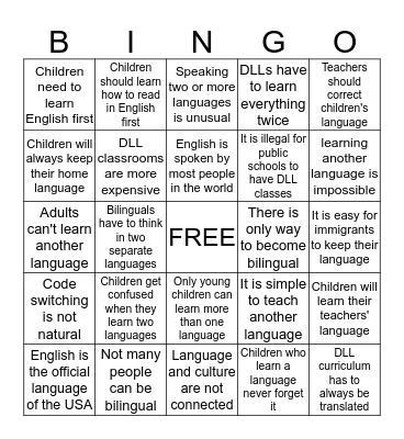 MYTHS ABOUT BILINGUALISM Bingo Card